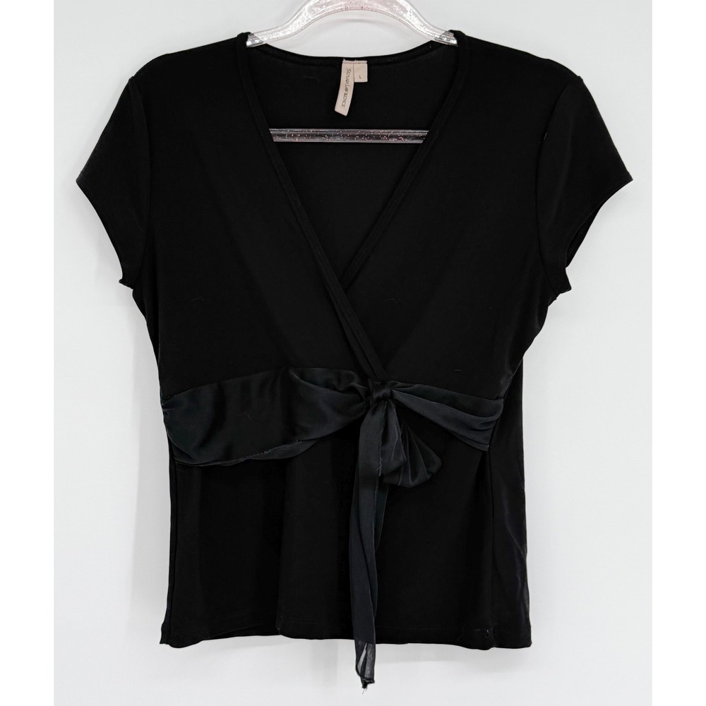 Susan Lawrence Womens Black Short Sleeve Surplice V-Neck Tie Front Top Sz L‎
